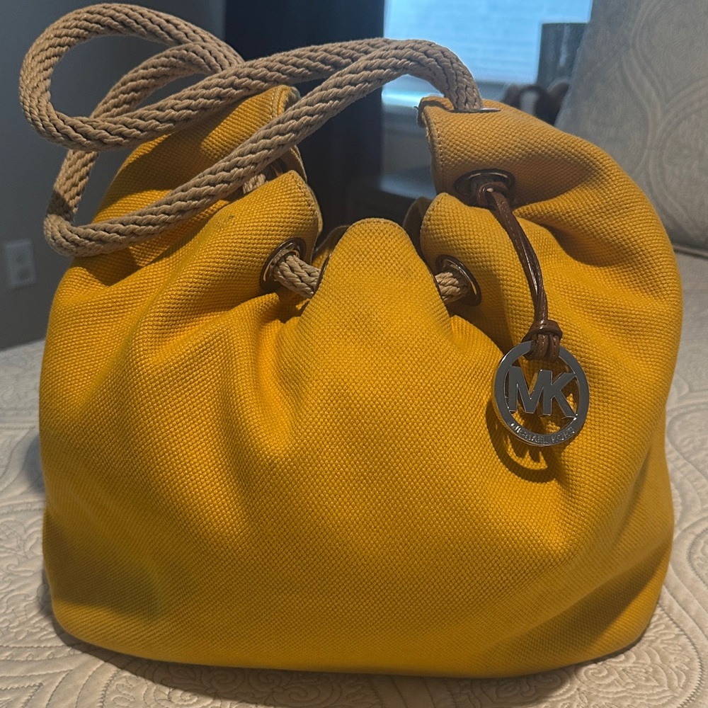 Michael Kors Mustard Yellow Canvas Drawstring Shoulder Bag with Rope Straps